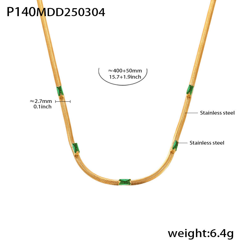 B廠【P1028】OT扣項鍊方形鋯石刀片鏈雙層疊戴時尚不鏽鋼鍍金簡約感配件 25.03-2