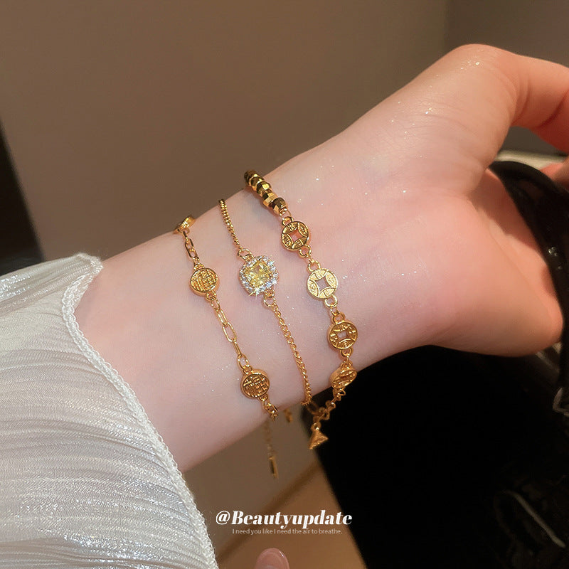 A廠【HB3537】24k真金電鍍沙金鋯石銅錢手鍊女新中式氣質手環輕奢高級感手飾女 25.03-1