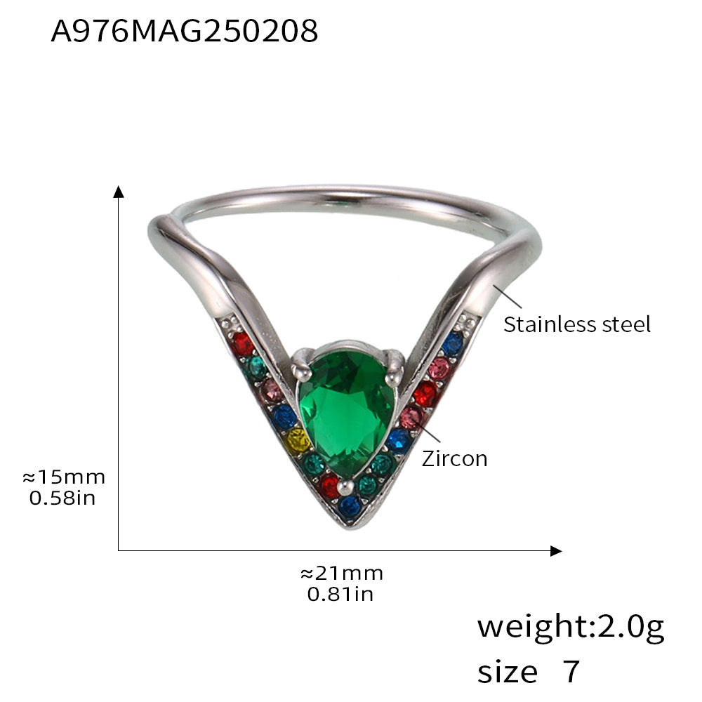 B廠【A976】V字鑲滿鑽5A鋯石側開口可調不鏽鋼戒指不掉色輕奢食指戒 25.02-3