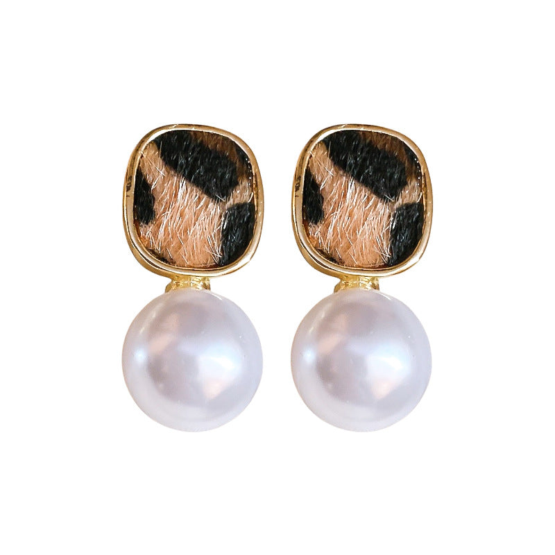 A廠【HE23630】925銀針植絨方形豹紋珍珠耳環時尚氣質耳環女復古百搭耳飾秋冬高級感 24.11-3