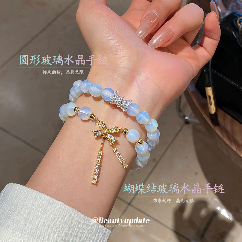 A廠【HB3519】蛋白水晶鋯石蝴蝶結手鍊小眾清新串珠手串高級感時尚百搭手飾手環 25.03-1
