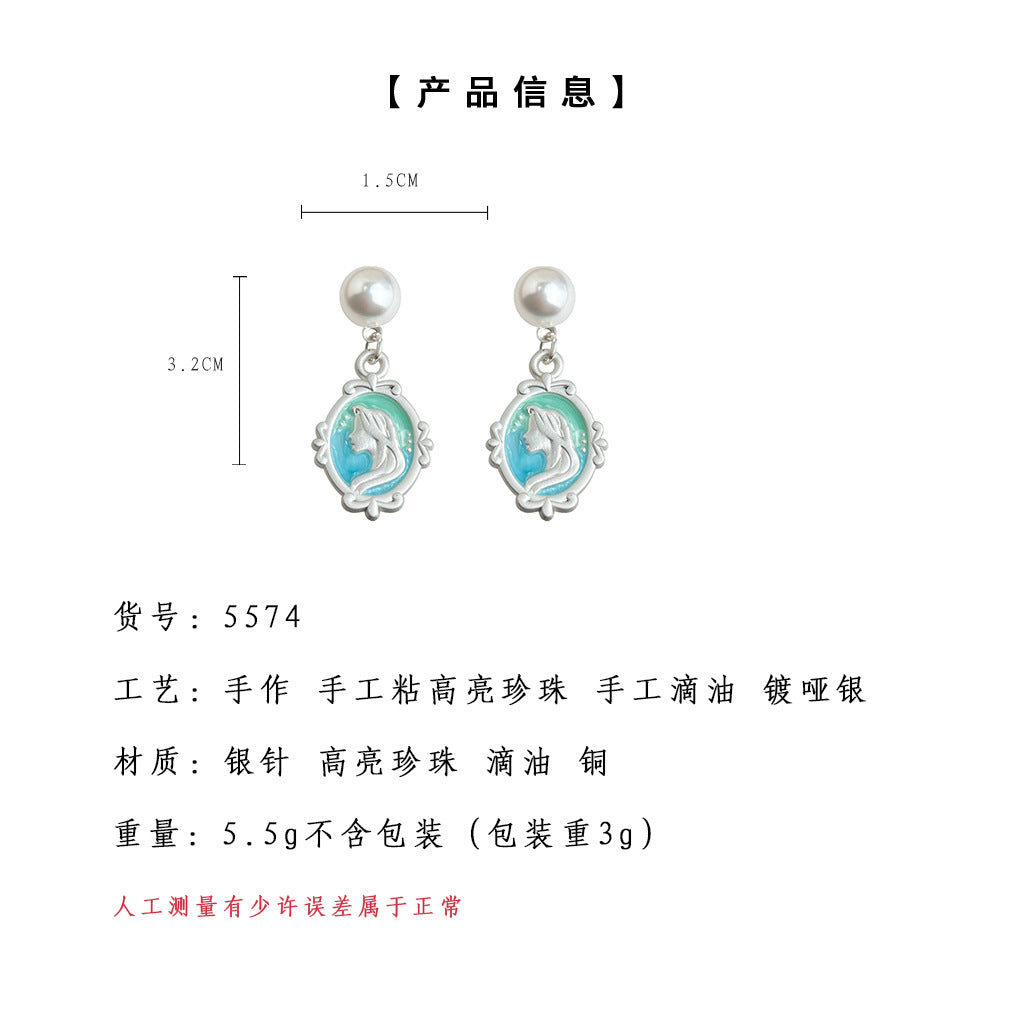 C廠【5574】薄荷曼波綠仙女風清新甜美橢圓相框美人圖耳環女氣質優雅耳環 25.02-4