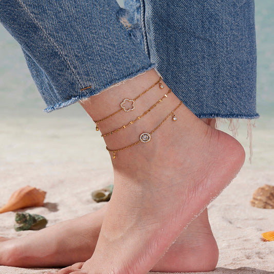 B廠【S031】ins風小清新氣質五葉花鑲嵌5A鋯石超閃腳鍊不鏽鋼鍍18k真金 25.08-3