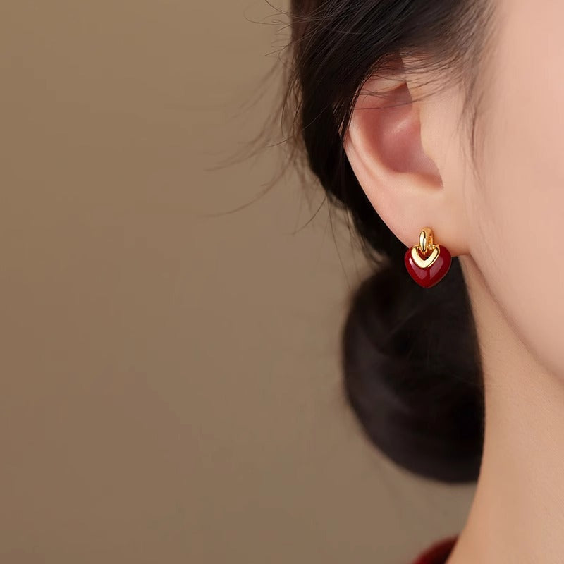 F廠【SE2414】S925銀小眾設計感琺瑯愛心耳環女簡約復古時髦氣質耳飾品 25.05-5