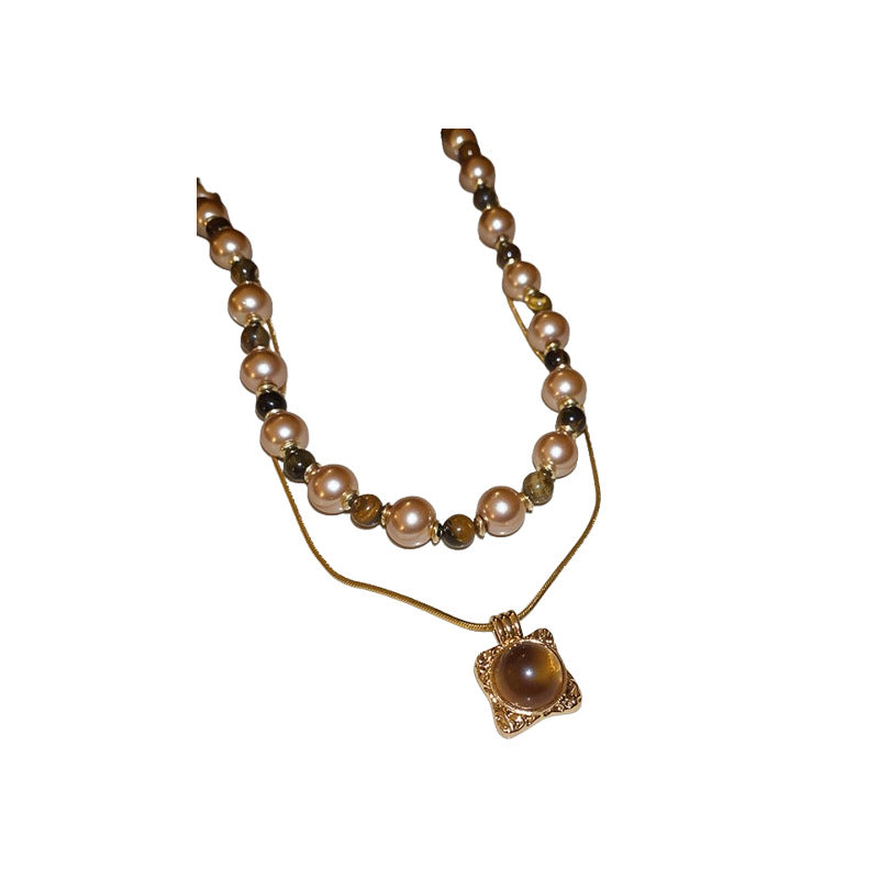 A廠【HN8159】鈦鋼美拉德方形虎眼石珍珠項鍊輕奢高級感鎖骨鏈時尚小眾項鍊配件 25.01-2