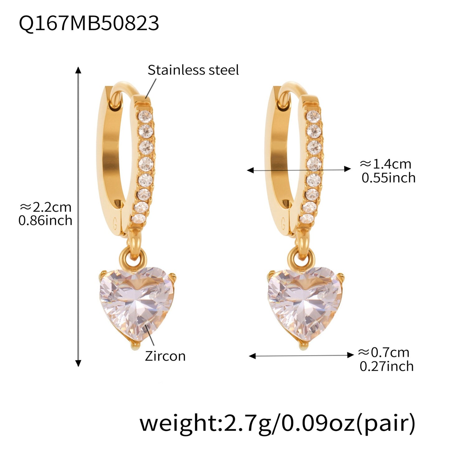 B廠【Q150】ins小眾設計感愛心鋯石吊墜耳環不鏽鋼鍍18k真金耳環不掉色 25.08-5