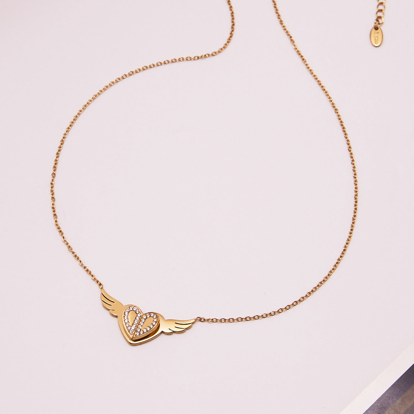 B廠【P1654】不鏽鋼愛心鑲嵌鋯石天使翅膀吊墜項鍊刀片鏈小鋼珠雙層疊戴
 25.10-3
