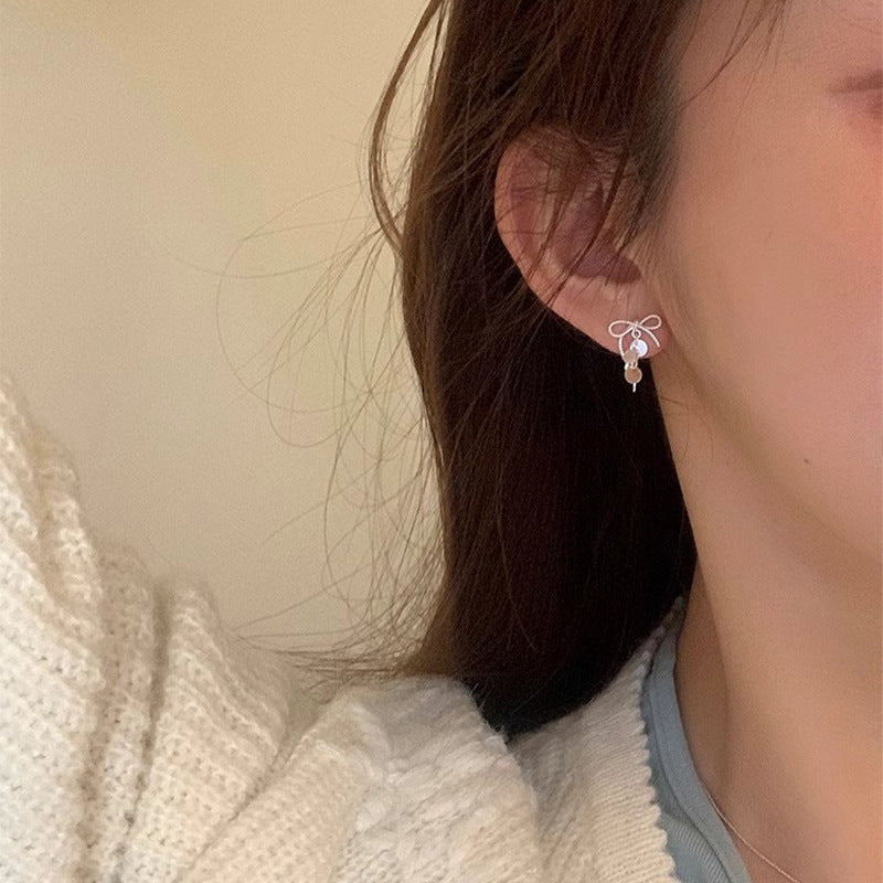 F廠【DQ11295E】S925純銀甜美精緻蝴蝶結耳環女輕奢簡約亮片流蘇日常耳環百搭 25.06-1