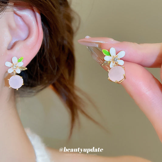 A廠【HE27438】925銀針滴油鋯石花朵圓形吊墜耳環小清新甜美氣質耳環輕奢高級感耳飾 25.06-4