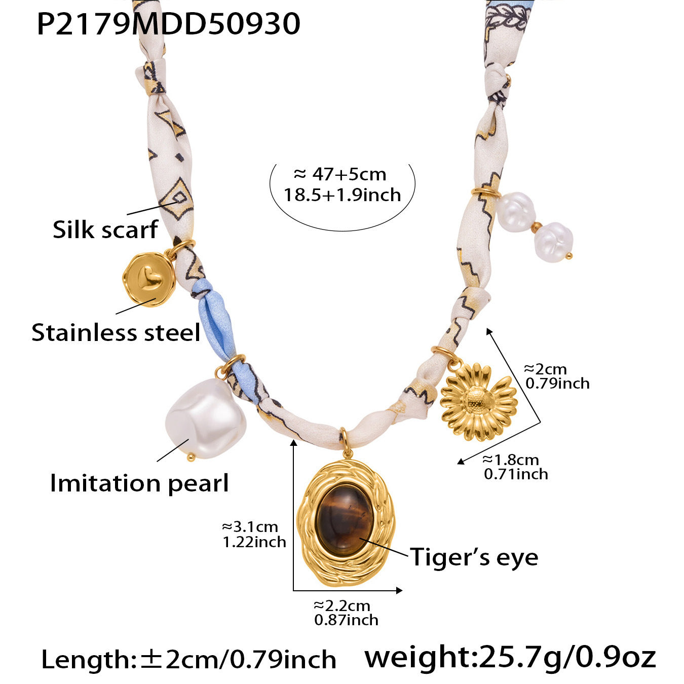 B廠【P2181】 diy絲巾項鍊 虎眼石仿珍珠頸鍊 小眾設計感打結布條飾品
25.10-2