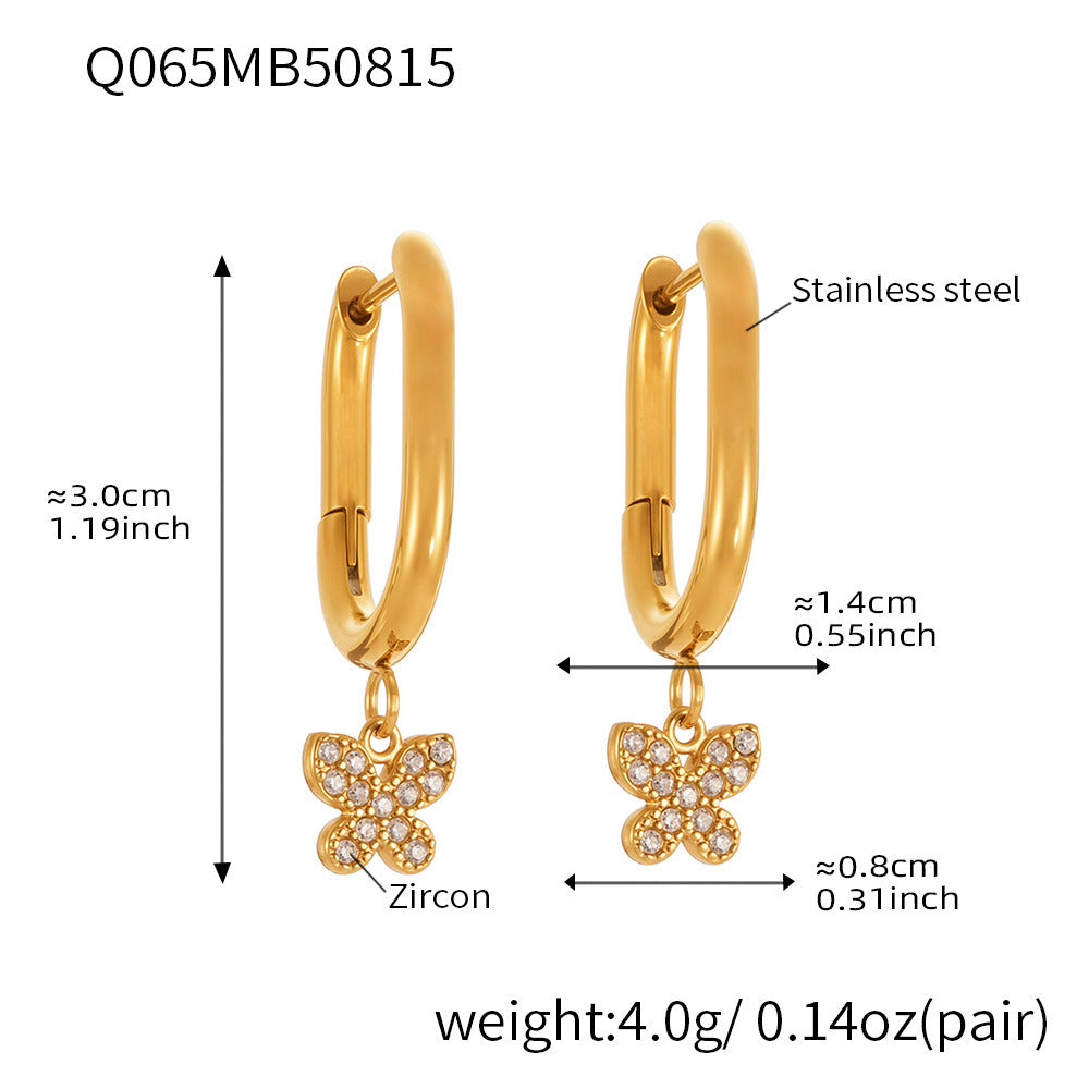 B廠【Q062】歐美飾品不銹鋼蝴蝶吊墜帶鑽耳環鍍18k真金跨境熱銷耳飾女 25.08-5