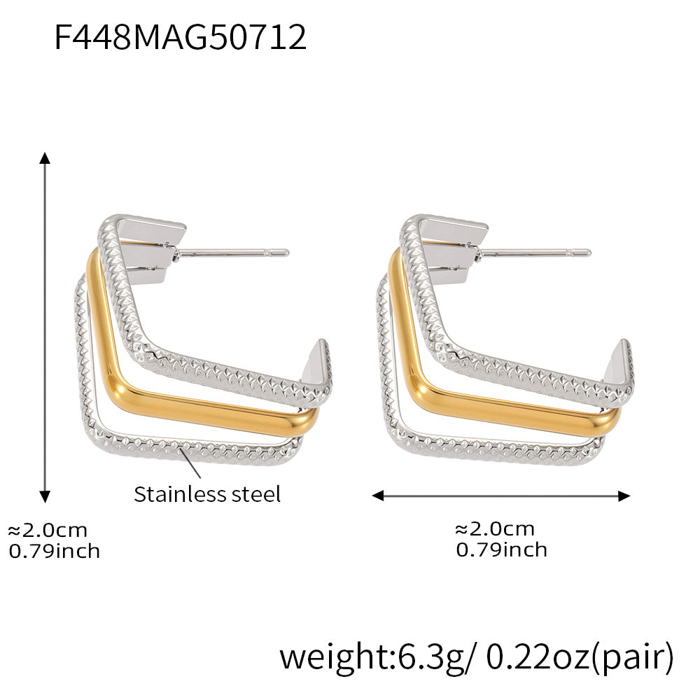 B廠【F438】不鏽鋼幾何C型三層拼色耳環時尚百搭個性氣質鍍18k真金耳飾 25.07-3