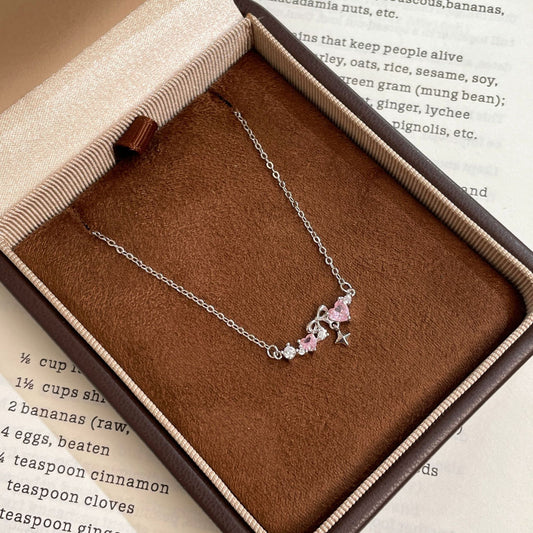 F廠【DQ1655N】S999純銀粉鑽愛心蝴蝶結項鍊女小眾輕奢高級感鋯石鎖骨鏈
 25.10-1