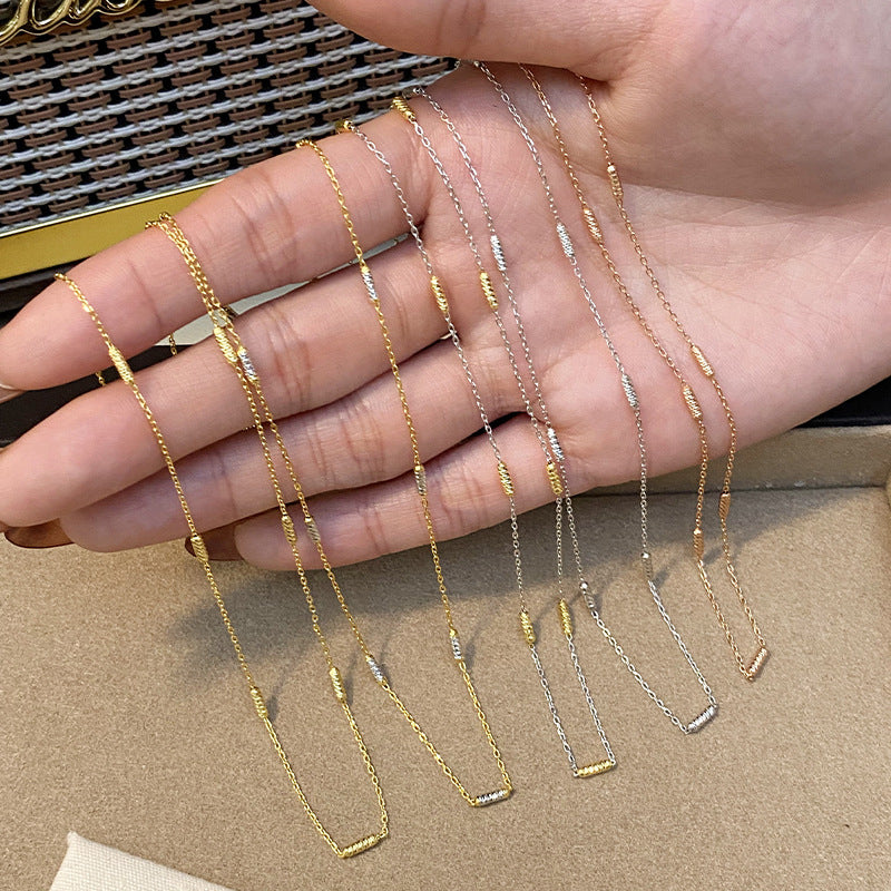 F廠【DQ2131N】S925純銀車花珠間珠十字鏈素鏈時尚簡約撞擊色疊戴鎖骨鍊女 25.02-3