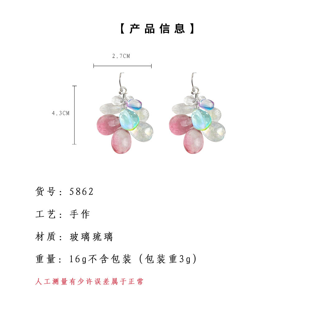 C廠【5862】卟啉卟啉!玻璃琉璃水晶葡萄串水滴手工清新甜美耳飾原創耳環 25.05-1