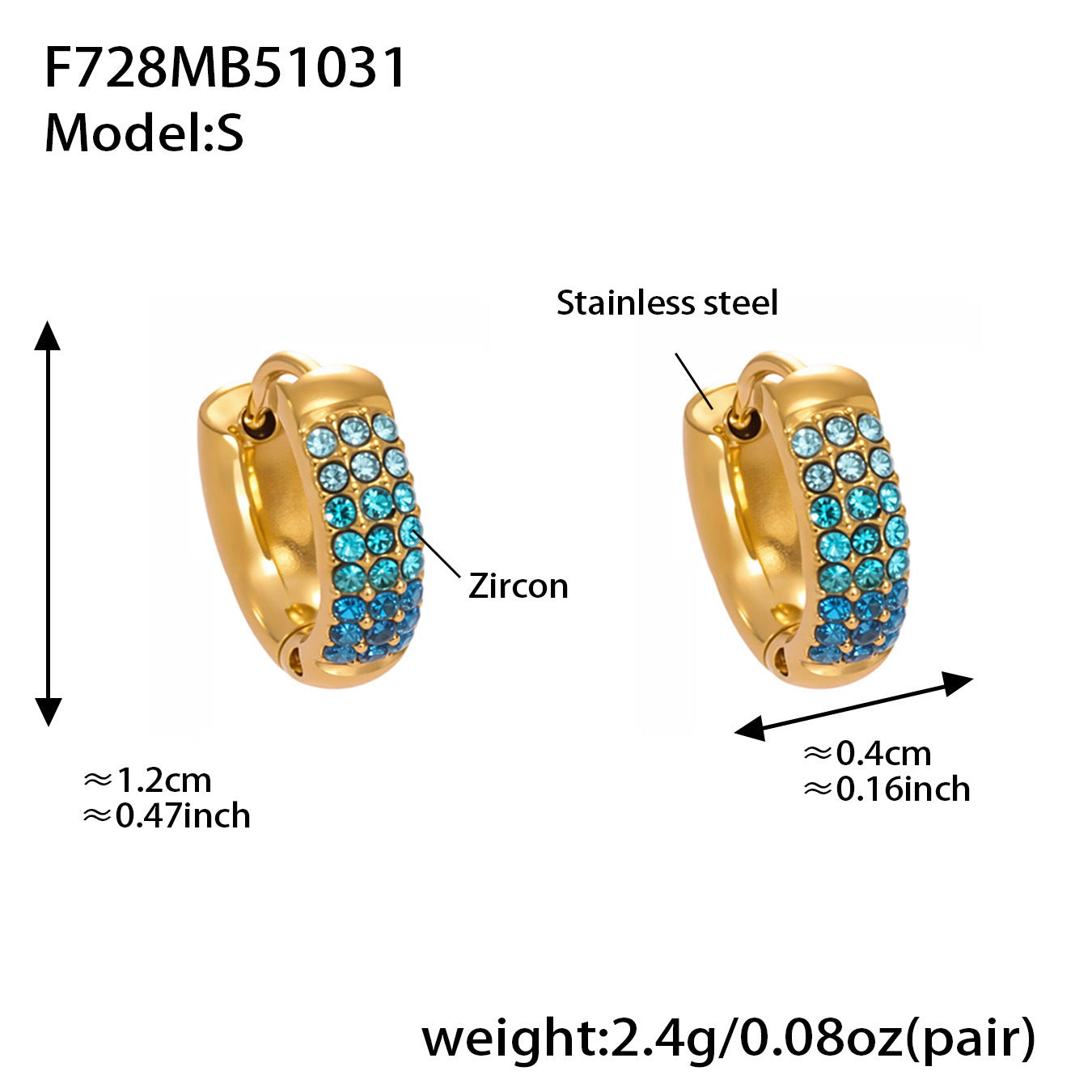 B廠【F728】高質感滿鋯三排鑽球面U型耳扣鍍18k真金輕奢百搭不鏽鋼耳環
25.11-1