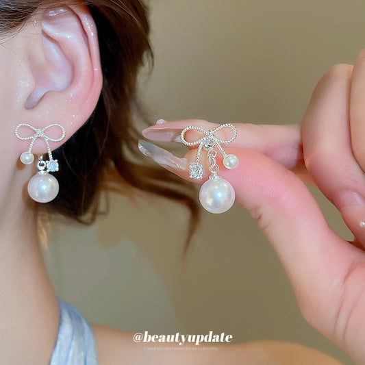 A廠【HE27441】925銀針鋯石蝴蝶結珍珠吊墜耳環時尚小眾設計感耳環輕奢高級感耳飾女 25.06-4