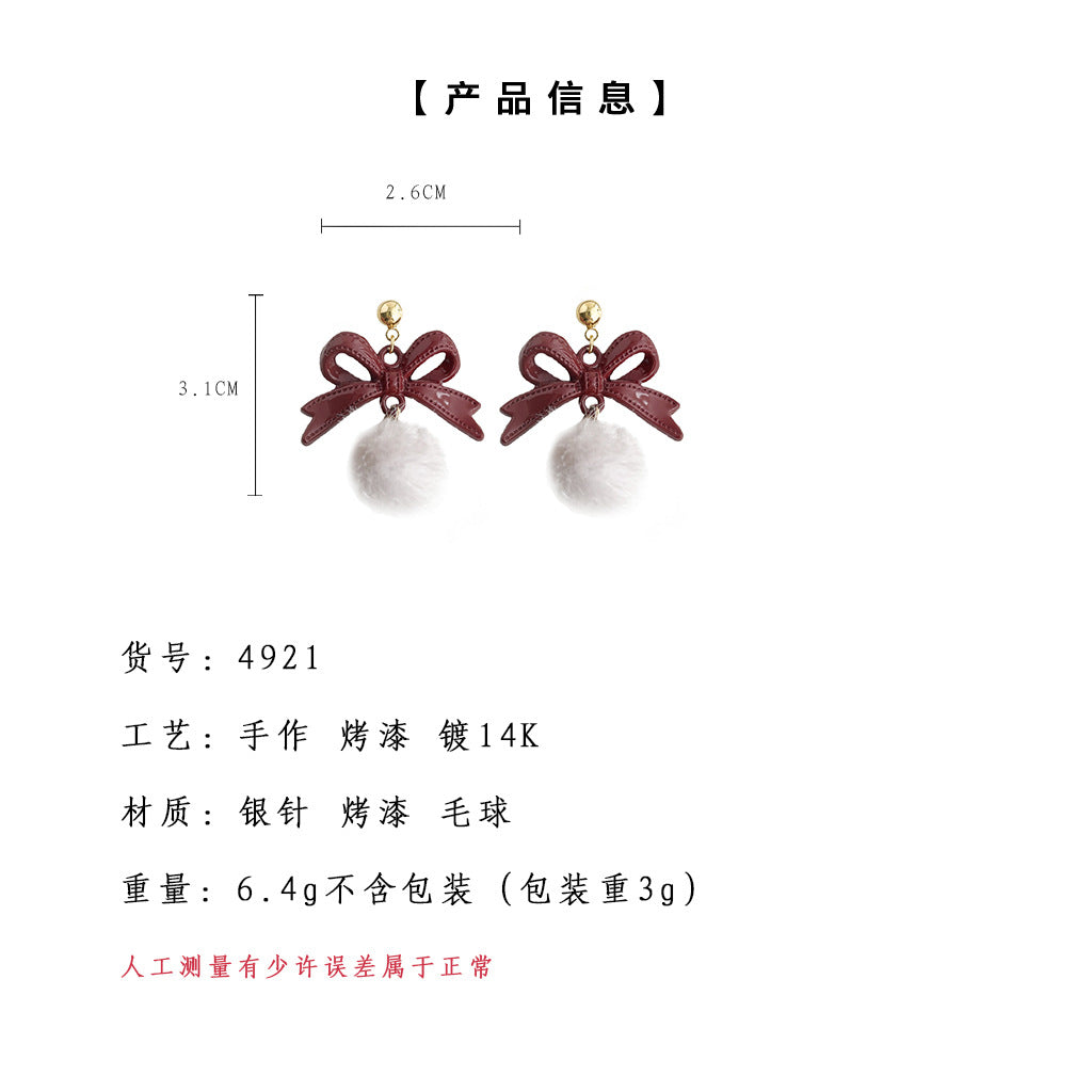 C廠【4921】安可拉紅2024冬天款酒紅色蝴蝶結毛球耳環復古甜美蝴蝶結耳環 24.09-4