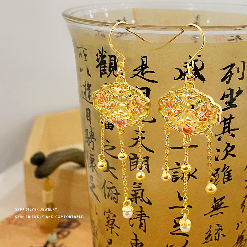 E廠【YC9908E】S999足銀本命年雙魚蓮花平安鎖珍珠耳墜女國風高級感耳飾 24.02-3