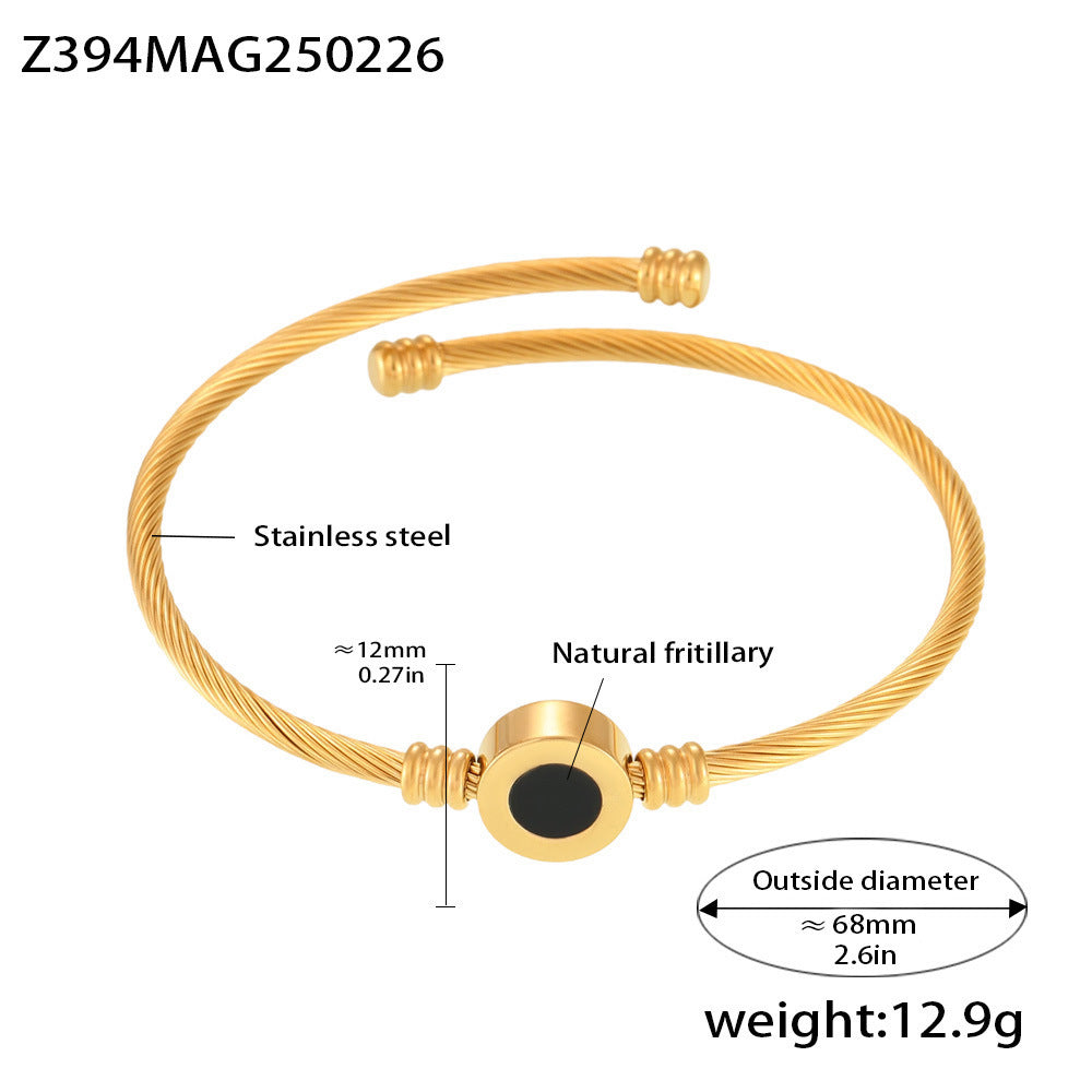 B廠【Z394】天然真貝母黑白雙面不鏽鋼開口手鐲亞線彈力手環電鍍18k金 25.03-1