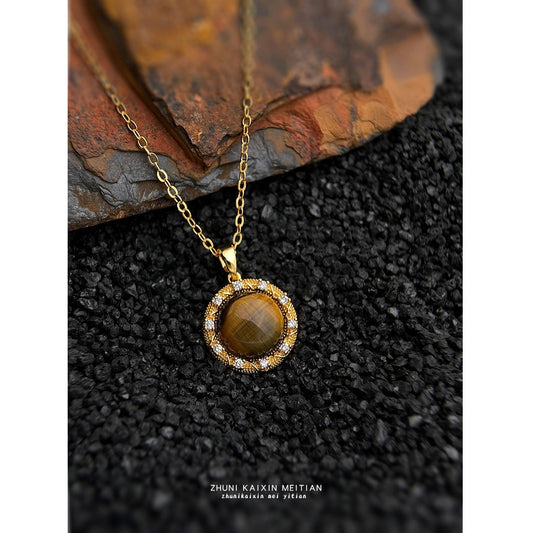 C廠【6605】厚鍍18K真金保色天然石虎眼石圓形幾何微鑲鋯石鎖骨鏈 美拉德項鍊
 25.09-1