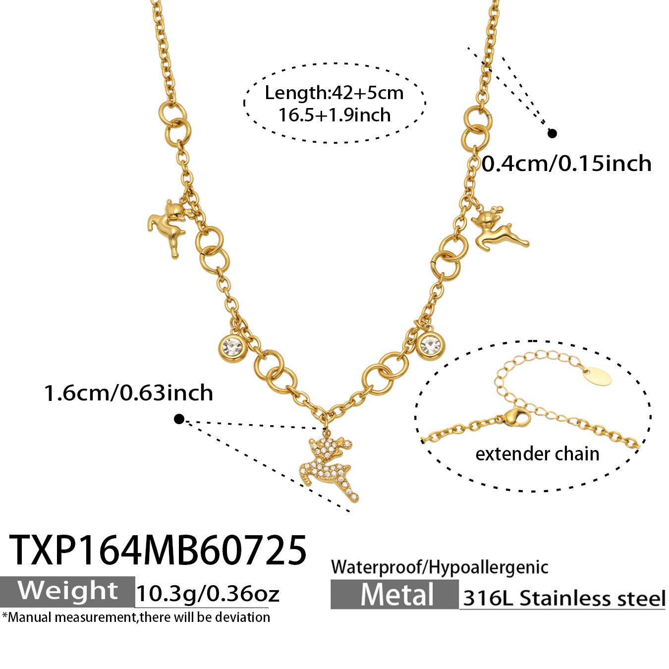 B廠【TXP164】新款小鹿配件微鑲鋯石吊墜項鍊手鍊不銹鋼鍍18k金 時尚女飾品套裝
26.07-5