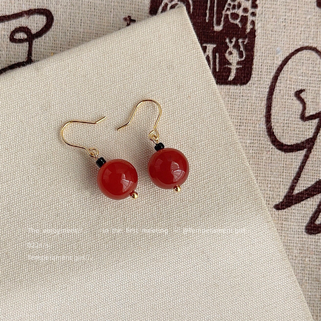 C廠【3757-58】天然石綠瑪瑙新中式復古宮廷日常通勤款紅瑪瑙耳飾手工耳環女飾品 24.03-4