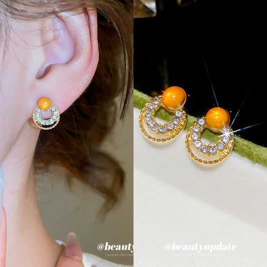 A廠【HE1073】925銀針鑲鑽貓眼石幾何圓圈耳環法式宮廷風通勤耳環輕奢高級感耳飾女 25.08-2