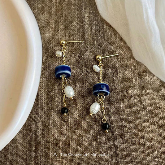 C廠【6568】天然淡水珍珠陶瓷手工耳環原創設計文藝復古民族風國潮耳飾女 25.08-3