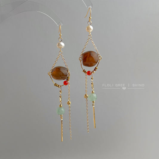 C廠【6935】設計師手工作品!長版文藝復古淡水珍珠美拉德風流蘇耳環
 25.10-3