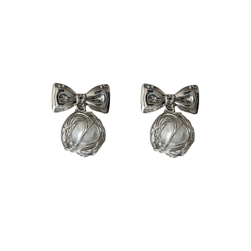 C廠【334】甜酷風手工繞線圓球高級感耳環925銀針小眾設計感蝴蝶結個性耳環 24.01-3