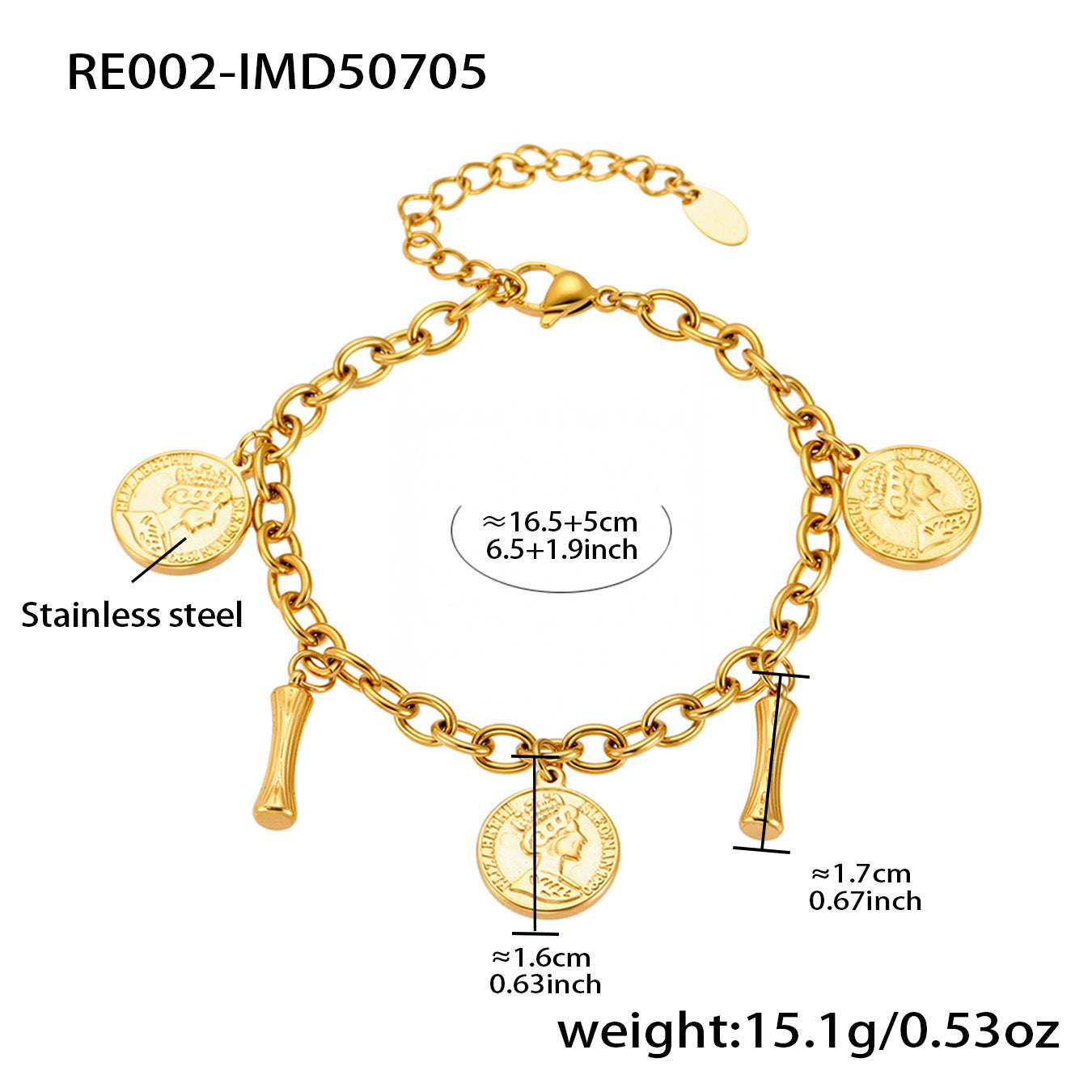 B廠【RE002】歐美飾品不鏽鋼26個字母伊莉莎白女王圖像手鍊鍍18k金色保色 25.07-3