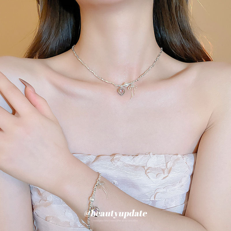 A廠【HB2340-HN6130】鋯石愛心蝴蝶結碎銀珍珠項鍊套裝高級感輕奢風鎖骨鏈韓國甜美項鍊 24.05-3
