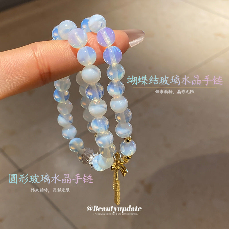 A廠【HB3519】蛋白水晶鋯石蝴蝶結手鍊小眾清新串珠手串高級感時尚百搭手飾手環 25.03-1