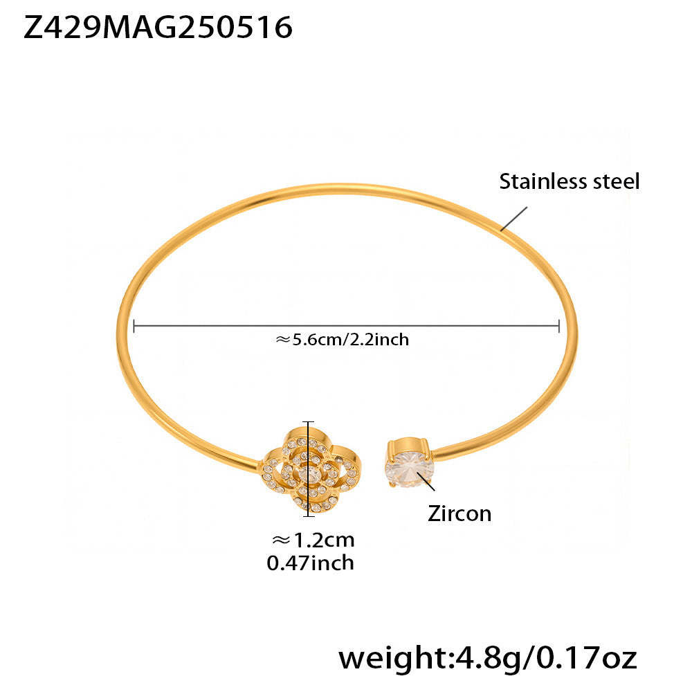 B廠【Z426】歐美INS風5A鋯石花朵帶鑽孔開口手鐲組合不鏽鋼鍍18k真金手鐲子 25.05-4