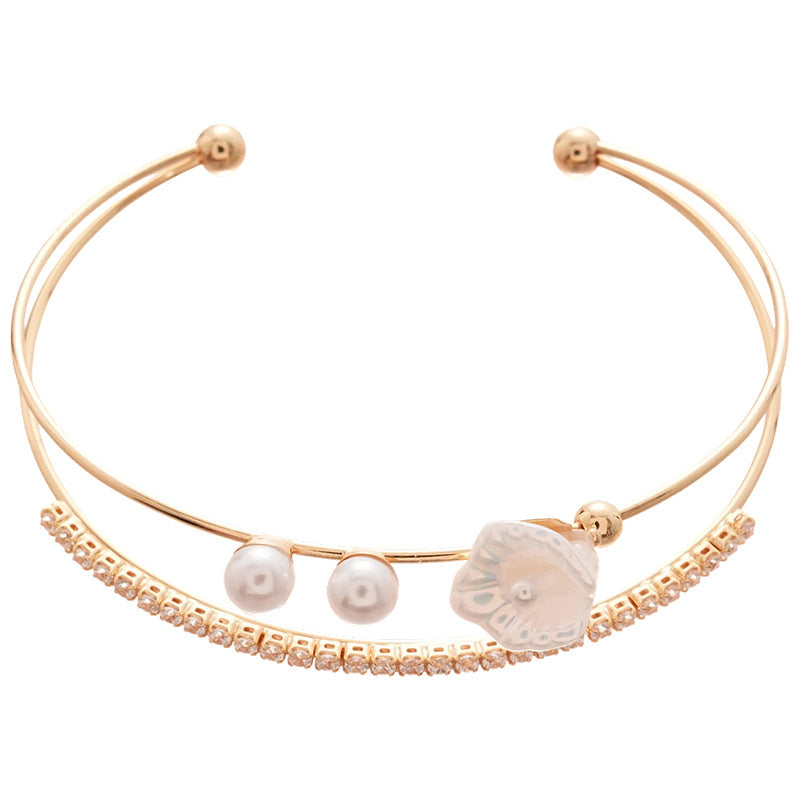 A廠【HB3664】鋯石雙層花朵珍珠開口手鐲2025小眾百搭手環輕奢高級感手飾 25.04-1