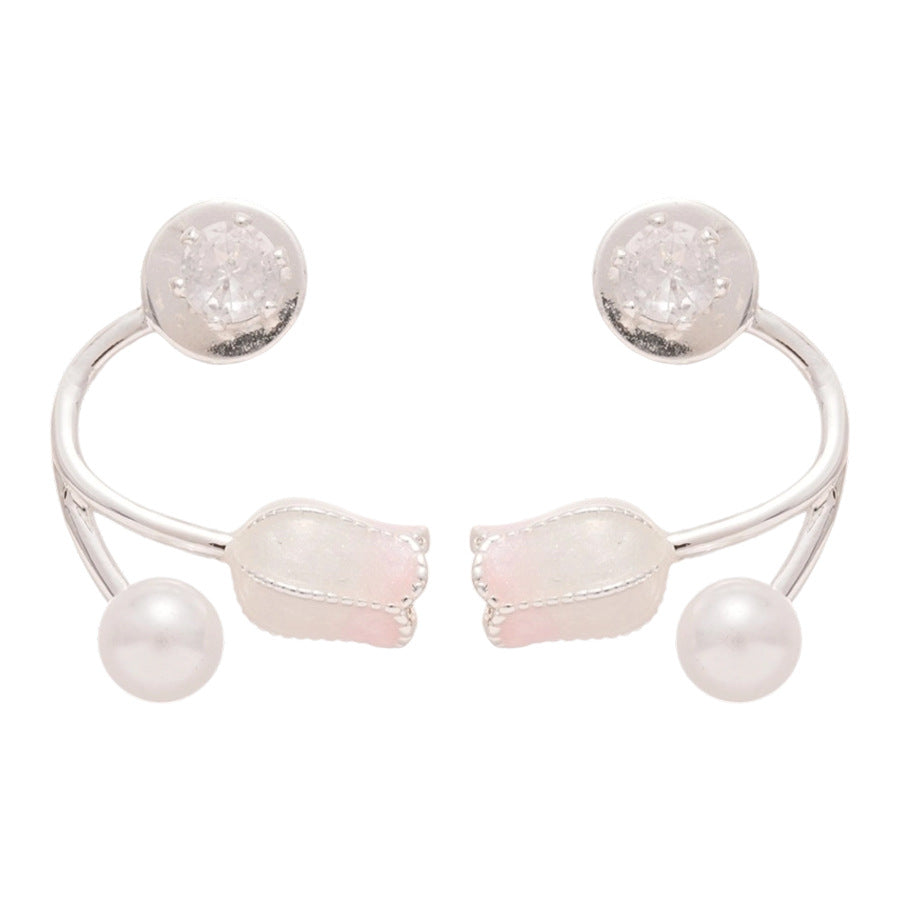 A廠【HE25957】925銀針鋯石滴油鬱金香珍珠耳環清新甜美設計耳環輕奢高級感耳飾簡約 25.04-3