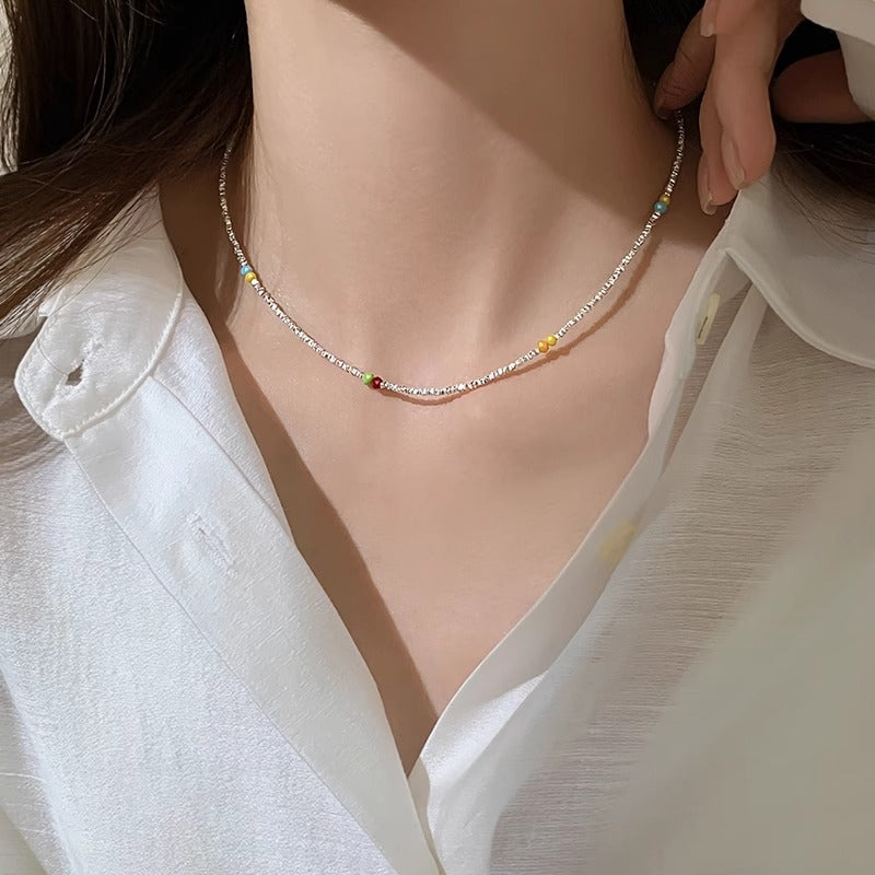 F廠【DQ0216N】S925銀彩色多巴胺碎銀子項鍊女輕奢小眾手工串珠高級感鎖骨鏈 25.04-4