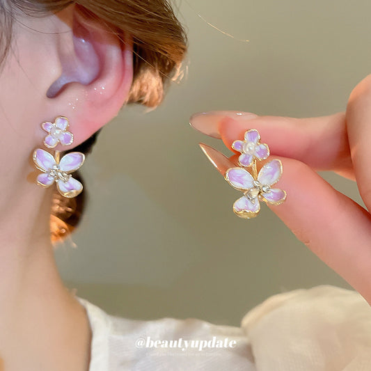 A廠【HE26191】925銀針鑲鑽滴油紫色花朵珍珠耳環2025新款清新耳環輕奢高級感耳飾女 25.05-1