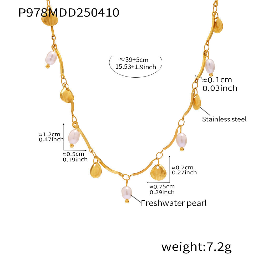 B廠【P978】歐美新款金色小貝殼淡水珍珠項鍊ins風創意設計不鏽鋼首飾 25.04-3