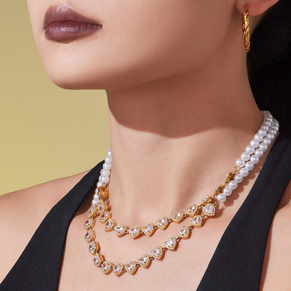 B廠【P1735】施家貝珠串珠愛心5A鋯石手工鍊項鍊不鏽鋼鍍18k真金不掉色
 25.10-4