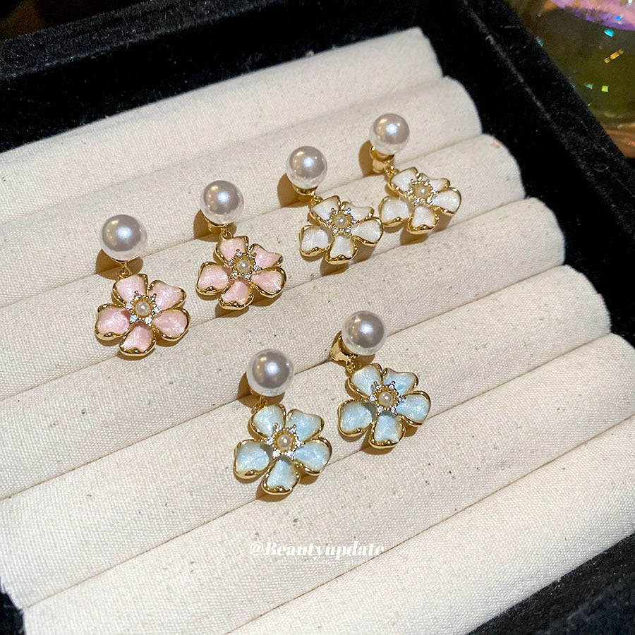 A廠【HE26463】925銀針鋯石珍珠滴油花朵耳環甜美氣質輕奢高級感耳環時尚小眾耳飾女 25.05-3