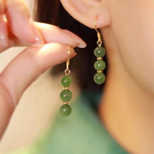 F廠【DQ10919E】S925純銀新中式天然碧玉耳鉤女氣質優雅天然石古風耳環耳環潮 25.05-2