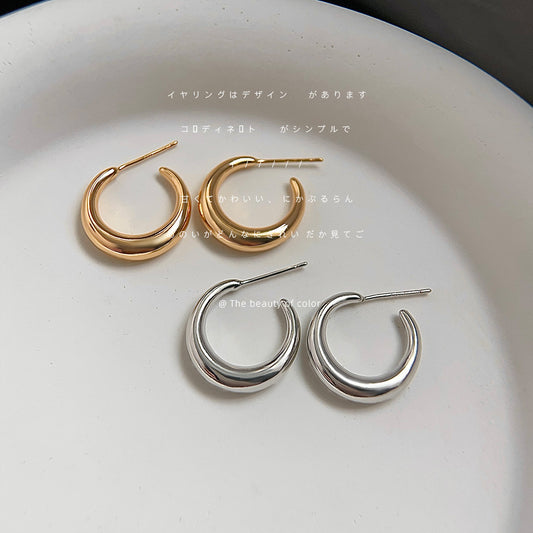 C廠【3096】高級感重工極簡主義鍍14K百搭輕耳奢華飾時尚通勤光面圓形耳環 25.06-3