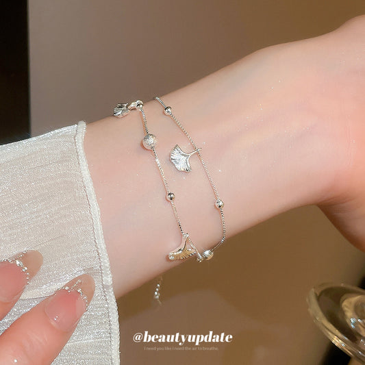 A廠【HB4222】樹葉銀杏葉流蘇吊墜雙層手鍊冷淡風時尚百搭手環小眾設計感手飾女 25.07-3