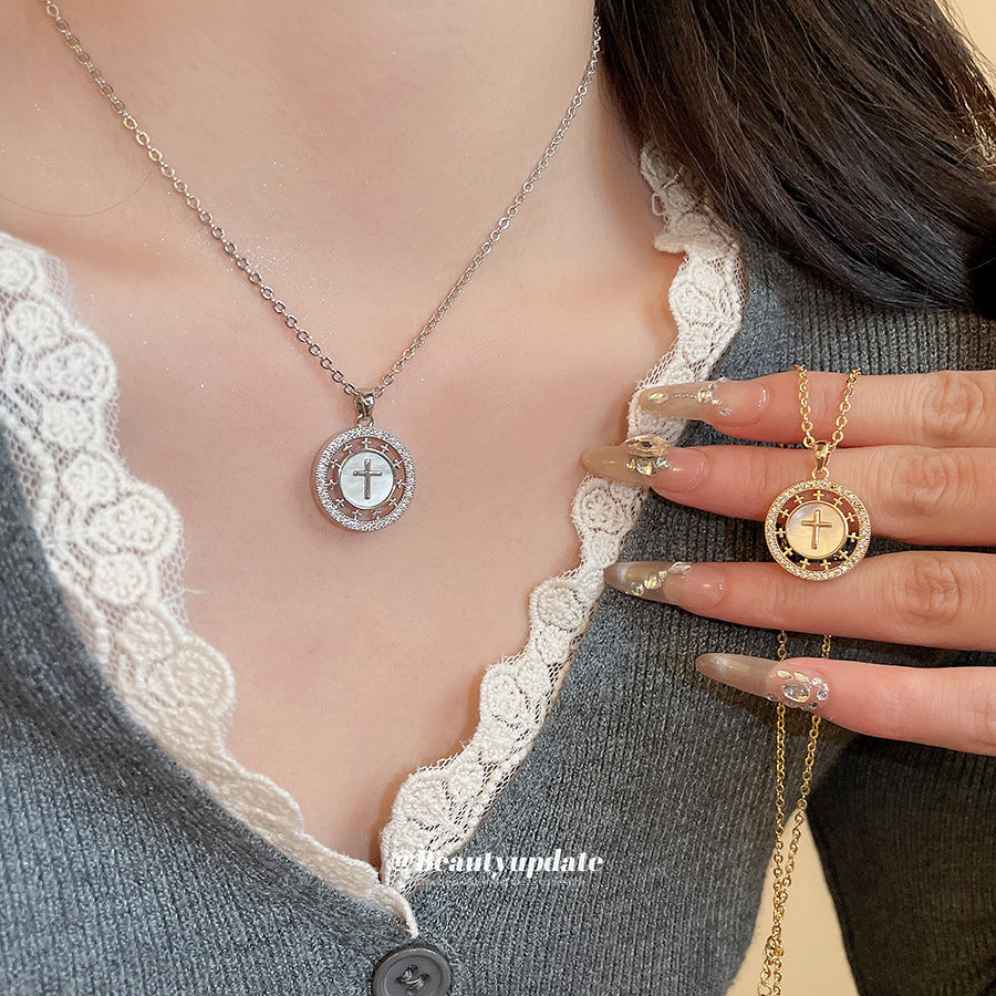 A廠【HN10433】18K真金電鍍鋯石貝母十字架項鍊韓系ins精緻優雅鎖骨鏈小眾頸鍊女
 25.10-5