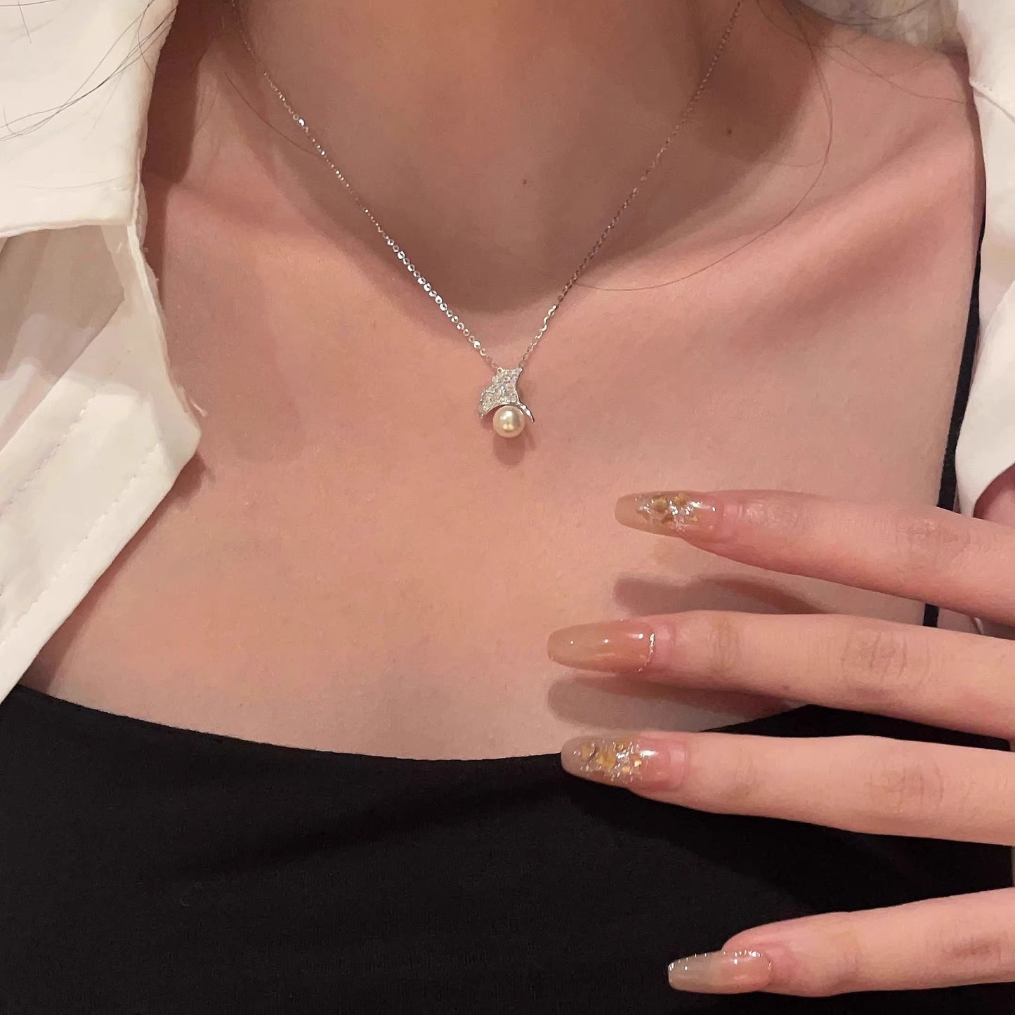 F廠【DQ2103N】小眾高級感銀杏葉淡水珍珠項鍊女S925純銀時尚氣質鎖骨鏈 25.04-2