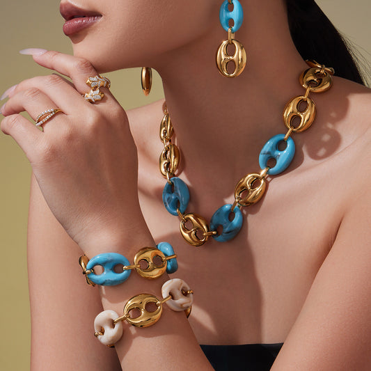 B廠【TXP430】不銹鋼豬鼻子樹脂項鍊多色時尚手工鍊鍍18k金項鍊手鍊耳環
 25.10-3