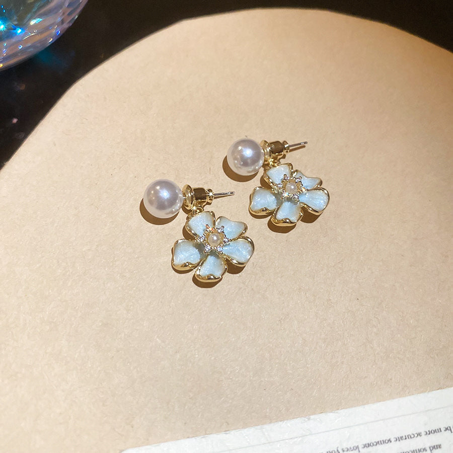A廠【HE26463】925銀針鋯石珍珠滴油花朵耳環甜美氣質輕奢高級感耳環時尚小眾耳飾女 25.05-3