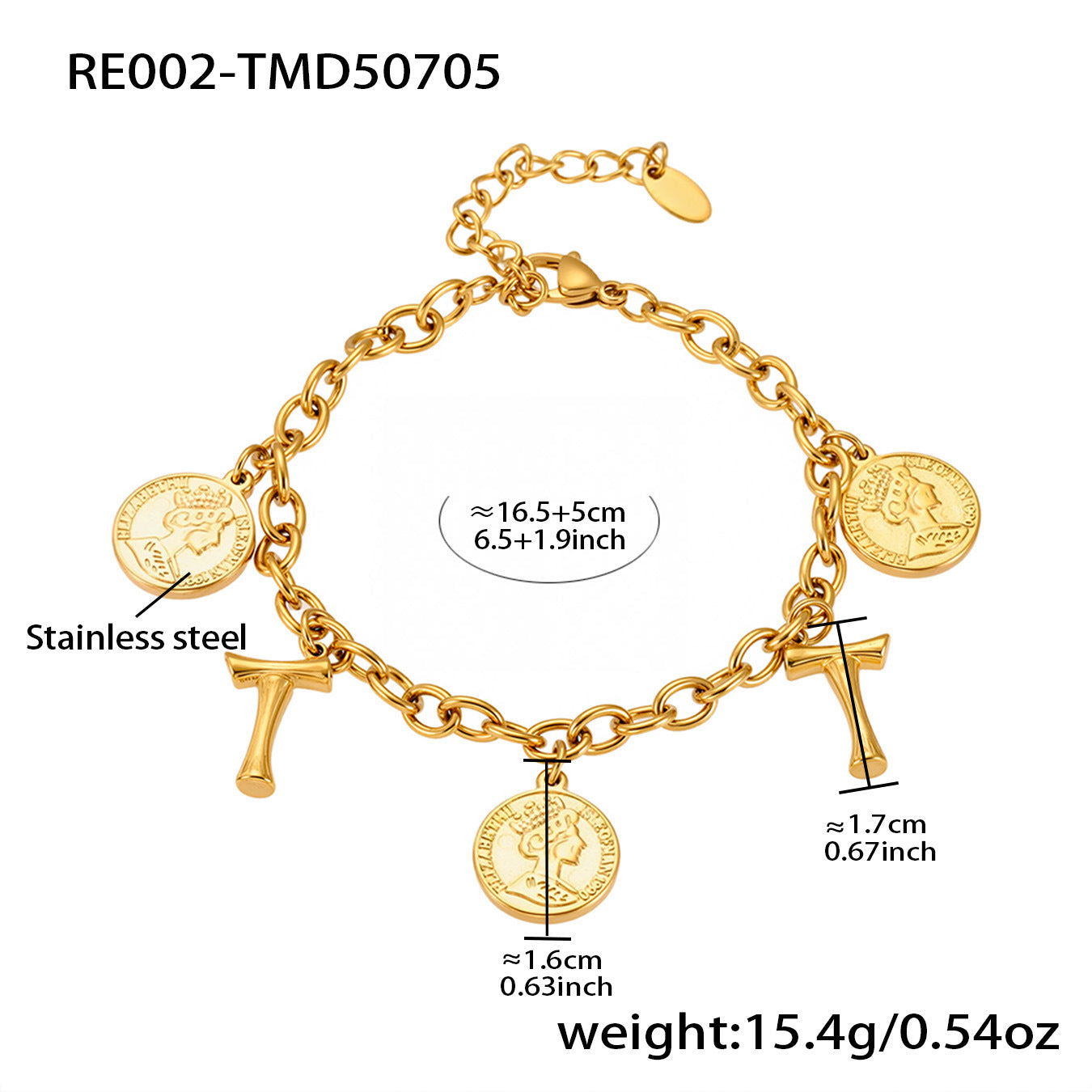 B廠【RE002】歐美飾品不鏽鋼26個字母伊莉莎白女王圖像手鍊鍍18k金色保色 25.07-3